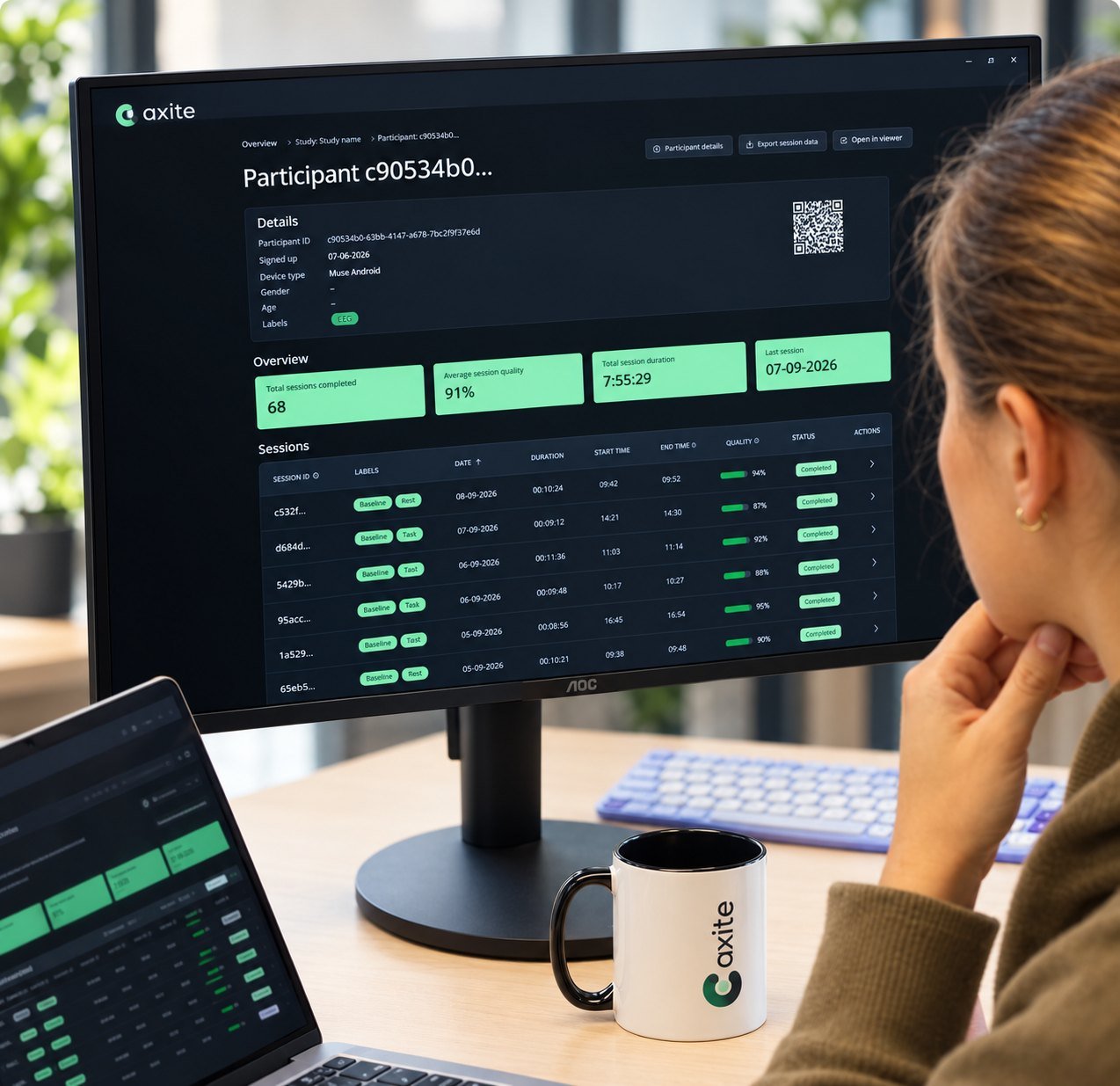 Researcher reviewing participant EEG sessions in the NeuroJournal dashboard