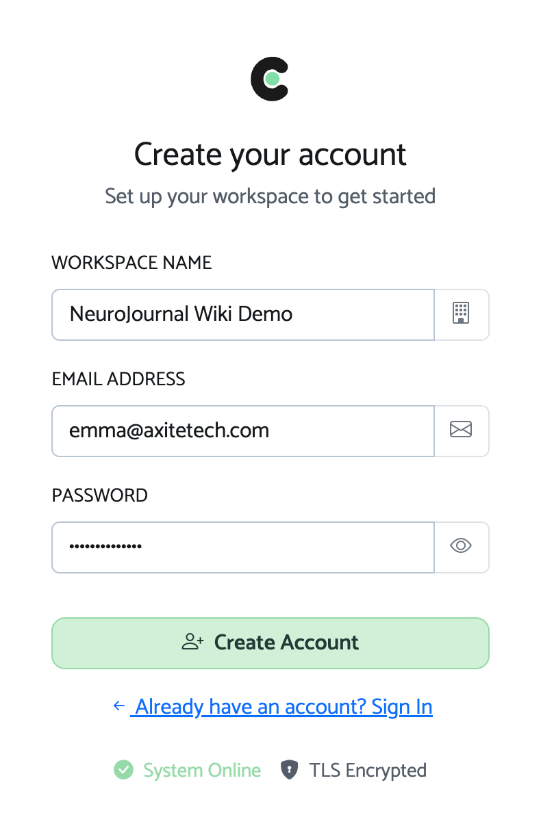 NeuroJournal dashboard registration page