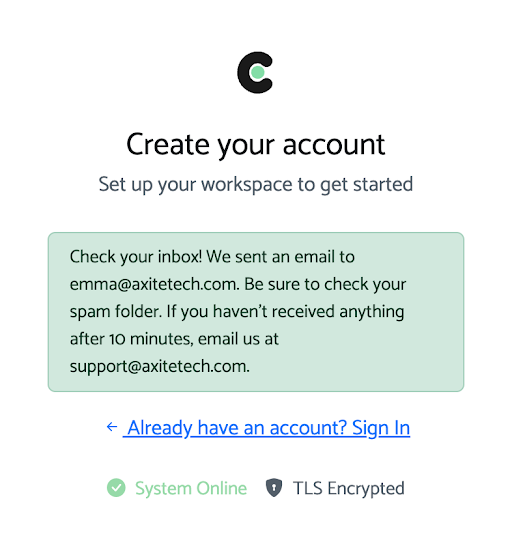 Confirmation screen shown after registration