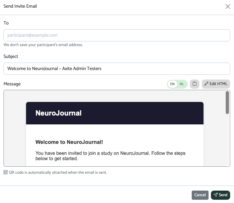Send Invite Email window in the NeuroJournal dashboard