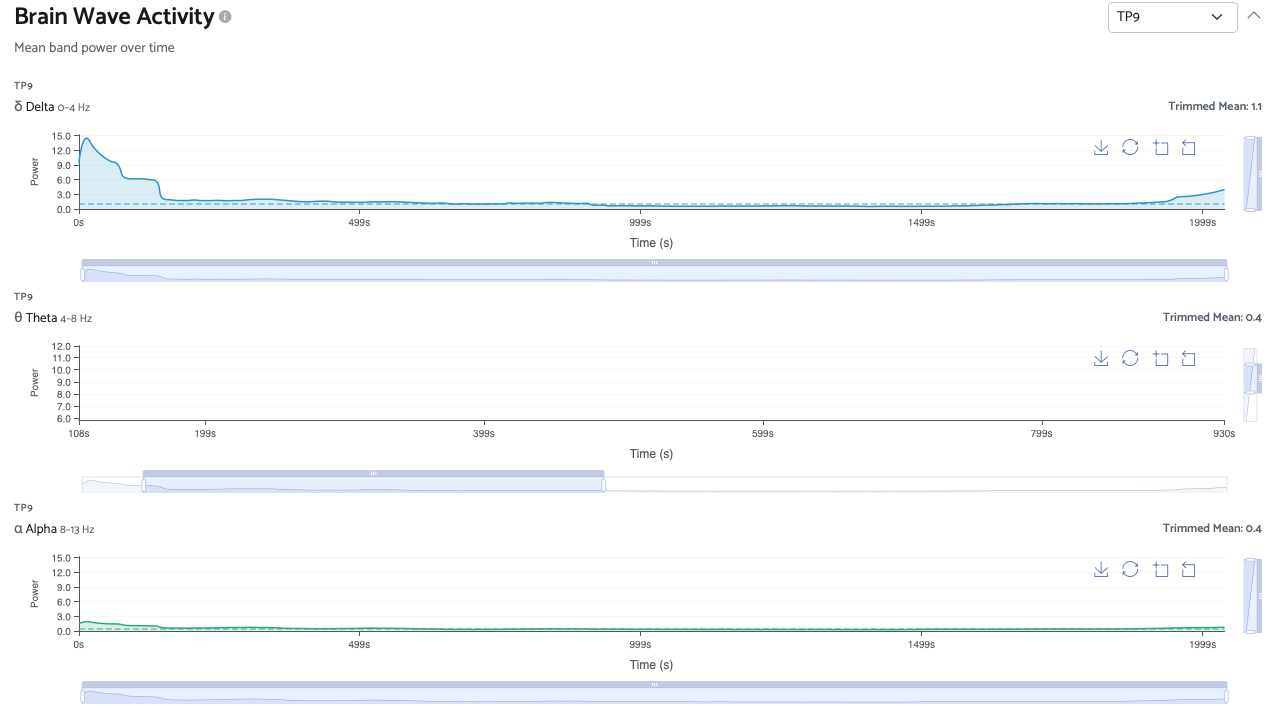 Brain wave activity view showing band power over time